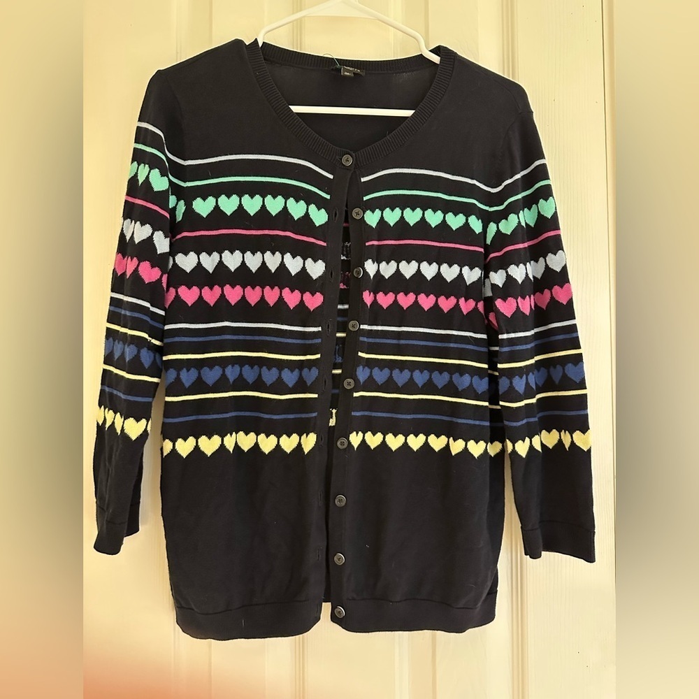 Talbots Women Black Multicolor Heart Printed Cardigan Sz Large Button Up Preppy